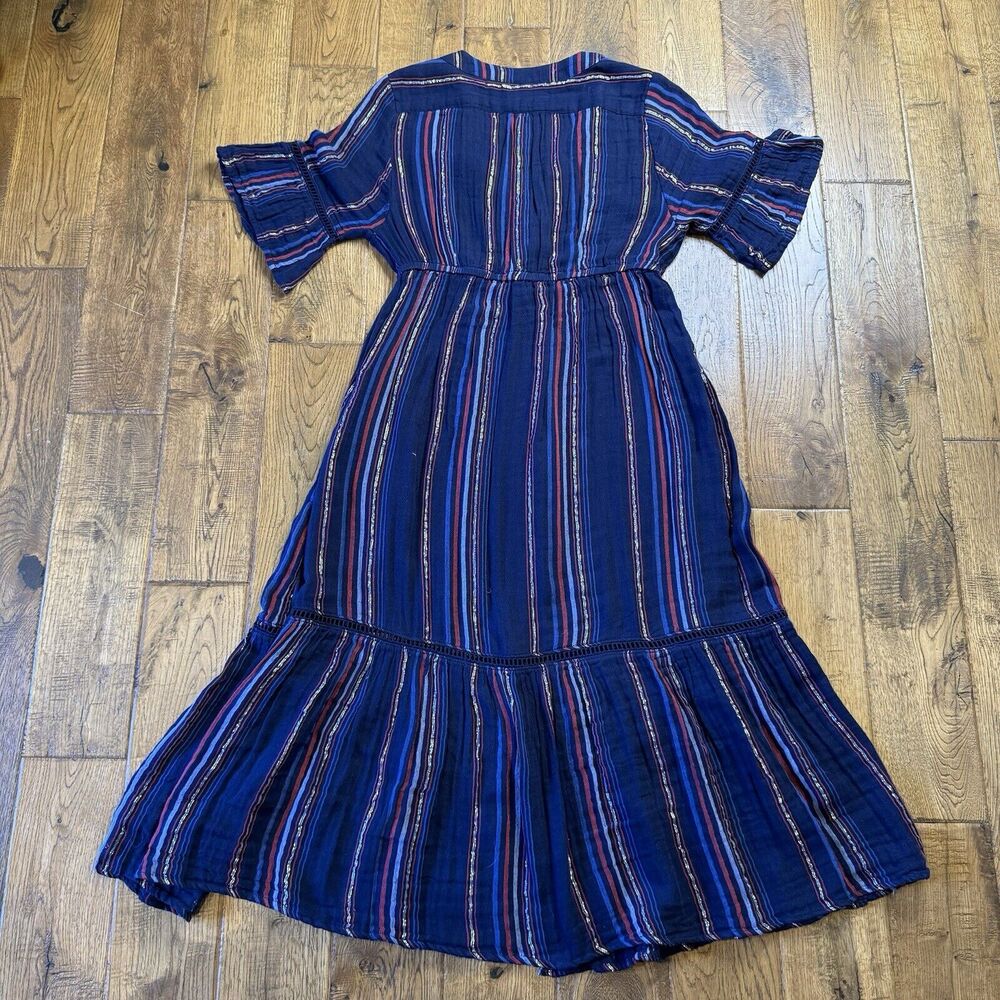 Anthropologie Sundry Dress Sz 1 Navy Striped Metallic Ruffle Midi Boho Peasant - Picture 8 of 8